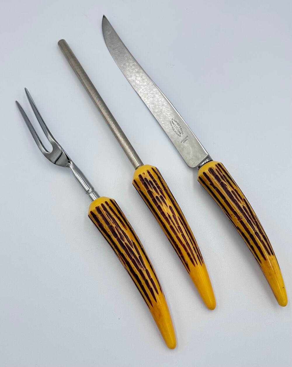 Vintage E. Parker & Sons Sheffield Faux Antler Bakelite 3pc Carving Knife Set
